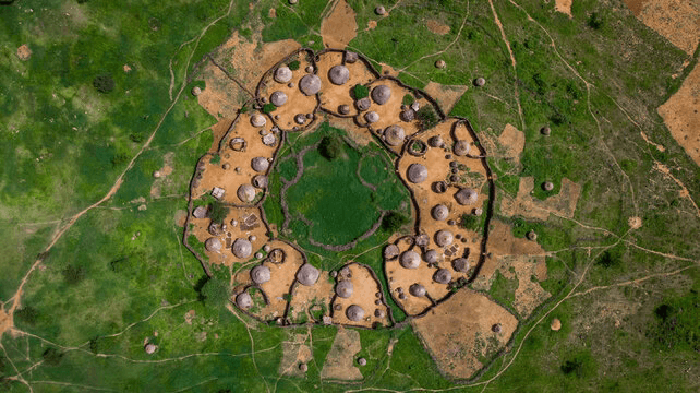 Aerial view of African village architecture